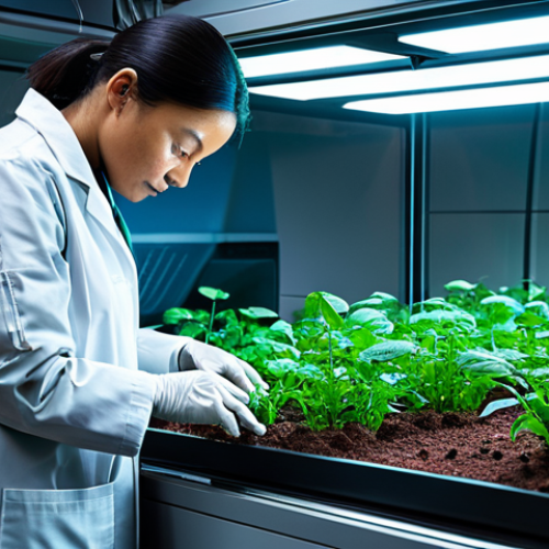 Home 11 A professional bio-engineer in a modest, futuristic lab coat and appropriate work attire, meticulously tending to lush, diverse plants within a sealed, advanced biosystem chamber on Mars. The chamber features sophisticated hydroponic systems, controlled LED lighting, and transparent panels revealing a glimpse of the red Martian landscape outside. The image emphasizes the delicate balance and intricate network of life within the closed ecosystem. The subject has perfect anatomy, correct proportions, well-formed hands, and a natural pose. This is a safe for work, appropriate content, fully clothed, professional image, showcasing the complexity of sustainable space agriculture.