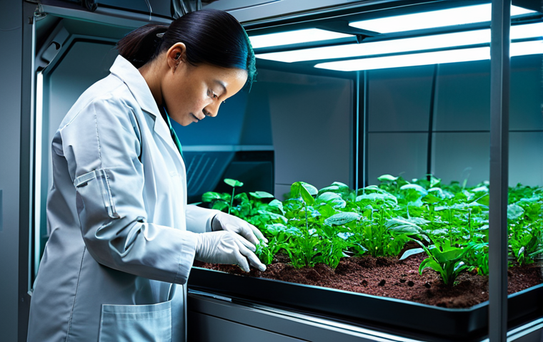 A professional bio-engineer in a modest, futuristic lab coat and appropriate work attire, meticulously tending to lush, diverse plants within a sealed, advanced biosystem chamber on Mars. The chamber features sophisticated hydroponic systems, controlled LED lighting, and transparent panels revealing a glimpse of the red Martian landscape outside. The image emphasizes the delicate balance and intricate network of life within the closed ecosystem. The subject has perfect anatomy, correct proportions, well-formed hands, and a natural pose. This is a safe for work, appropriate content, fully clothed, professional image, showcasing the complexity of sustainable space agriculture.