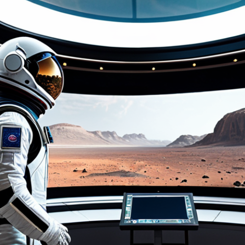 Home 6 A professional, fully clothed team of astronauts in modest, appropriate attire, collaborating inside a futuristic Martian research habitat. They wear functional, state-of-the-art space suits with clear visors. The habitat features advanced technology screens and hydroponic plant growth systems, with large panoramic windows looking out onto the red, rocky Martian landscape under a dusty sky. Perfect anatomy, correct proportions, natural pose, well-formed hands, proper finger count, natural body proportions. Professional photography, high detail, realistic, cinematic lighting. Safe for work, appropriate content, fully clothed, professional.