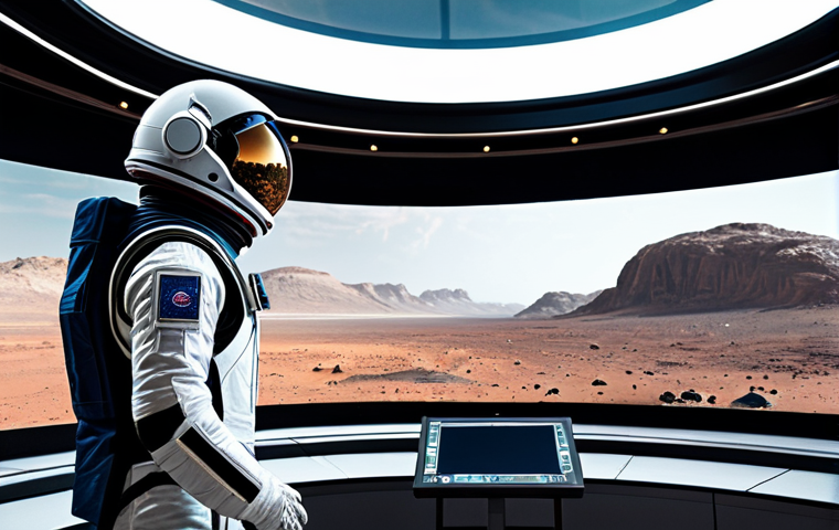 A professional, fully clothed team of astronauts in modest, appropriate attire, collaborating inside a futuristic Martian research habitat. They wear functional, state-of-the-art space suits with clear visors. The habitat features advanced technology screens and hydroponic plant growth systems, with large panoramic windows looking out onto the red, rocky Martian landscape under a dusty sky. Perfect anatomy, correct proportions, natural pose, well-formed hands, proper finger count, natural body proportions. Professional photography, high detail, realistic, cinematic lighting. Safe for work, appropriate content, fully clothed, professional.