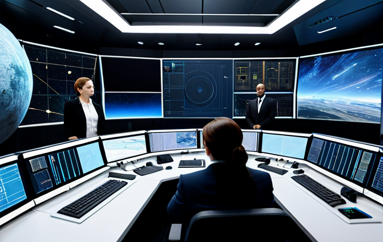 A group of professional individuals, male and female, from diverse backgrounds, dressed in modern, modest business suits. They are gathered in a high-tech, futuristic control room of a large space mining facility, with a vast view of a mineral-rich asteroid outside the panoramic window. Holographic screens display complex data on resource extraction and economic projections, conveying a sense of high-stakes decisions and competition in the new cosmic economy. Full body shot, perfect anatomy, correct proportions, natural pose, well-formed hands, proper finger count, natural body proportions. Professional photography, high quality, realistic, fully clothed, appropriate attire, safe for work, appropriate content, professional.