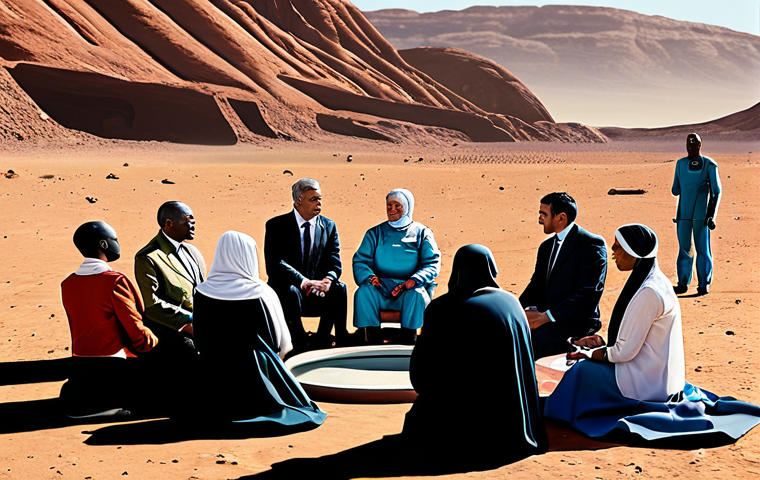 Martian Colony Governance**
"A diverse group of people in appropriate attire, gathered in a community hall on Mars, discussing laws and ethics, fully clothed, safe for work, professional, modest clothing, meeting setting, Martian landscape in the background, perfect anatomy, correct proportions, natural pose, high quality, appropriate content."
**