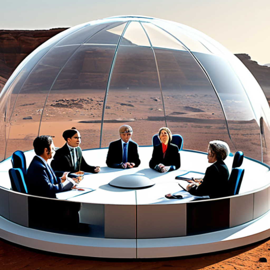 Martian Governance**

"A diverse group of people, fully clothed in professional attire, participating in a democratic meeting inside a transparent dome on Mars. The Martian landscape is visible in the background. Safe for work, appropriate content, perfect anatomy, natural proportions, professional environment, inclusive, family-friendly."

**