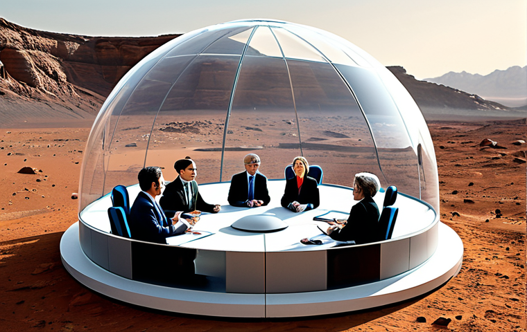 Martian Governance**
"A diverse group of people, fully clothed in professional attire, participating in a democratic meeting inside a transparent dome on Mars. The Martian landscape is visible in the background. Safe for work, appropriate content, perfect anatomy, natural proportions, professional environment, inclusive, family-friendly."
**