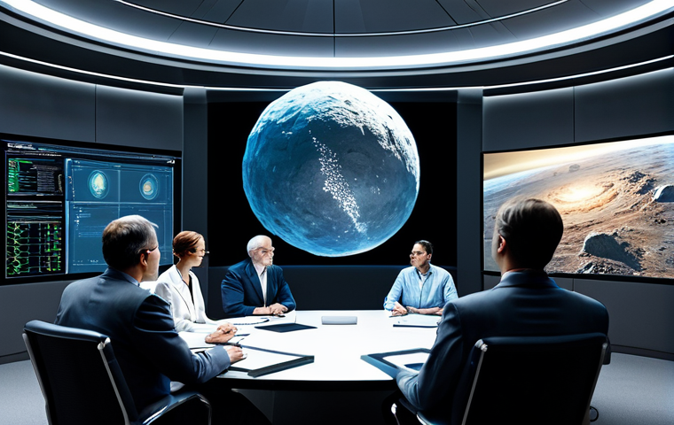 Ethical Mining Code**
"A diverse group of scientists and policymakers gathered around a holographic projection of an asteroid, discussing a global code of conduct for space resource mining. Fully clothed, professional attire, appropriate content, safe for work, perfect anatomy, natural proportions, sustainable practices emphasized, modern technology, boardroom setting."
**