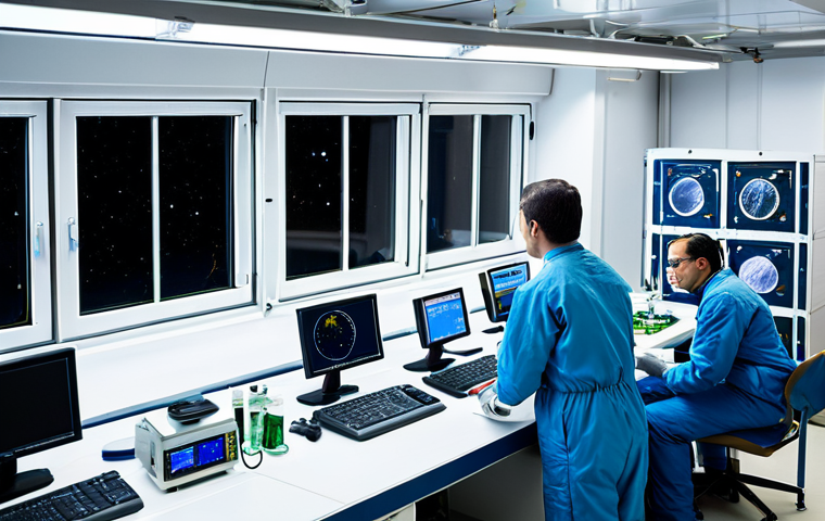 우주 식민지에서의 자원 분배의 공정성 - International Space Station Research Lab**
"A diverse team of scientists working in a brightly lit ...