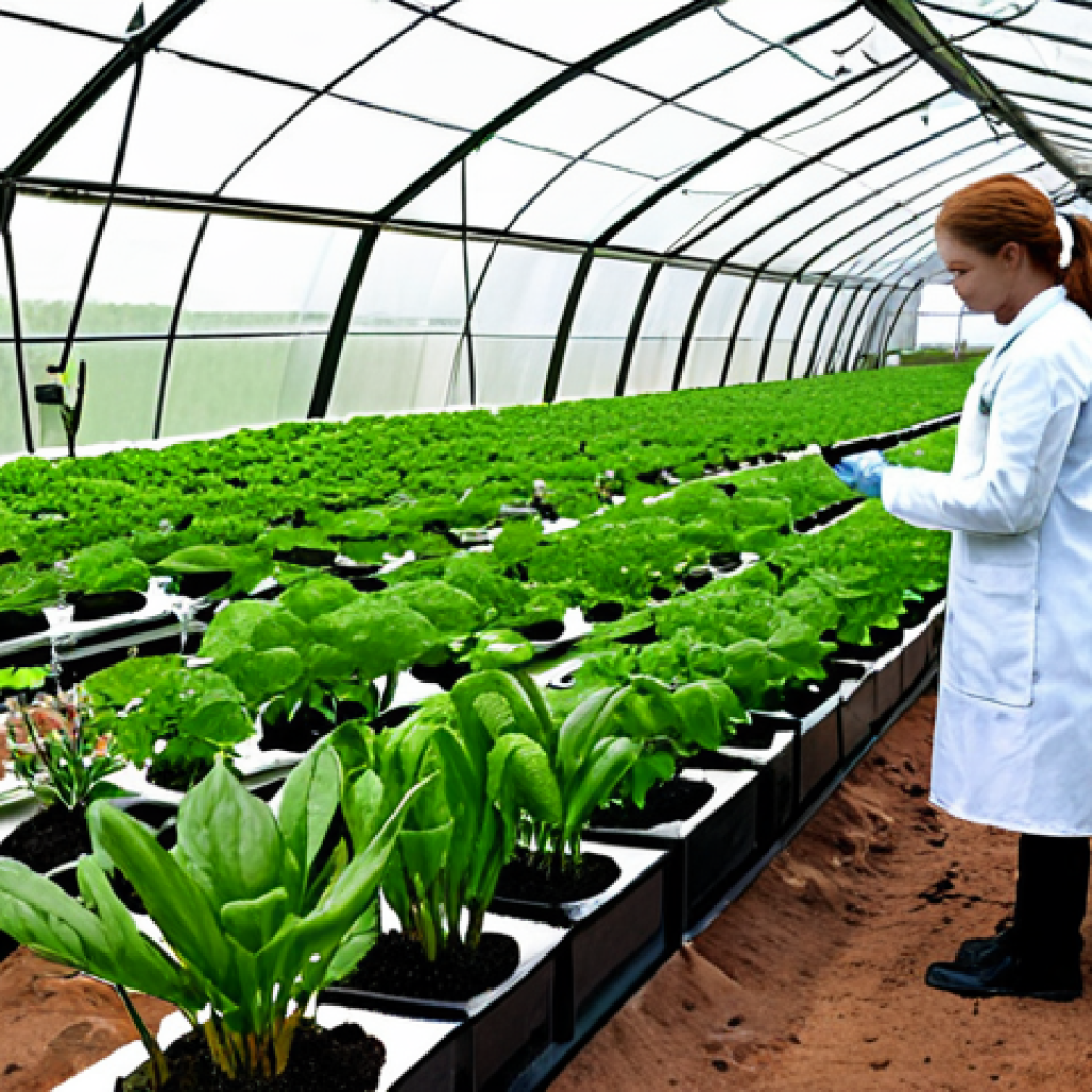 우주 식민지에서의 지구 환경과의 연계 - Martian Colony Agriculture**
"A bustling Martian greenhouse, filled with lush, green plants growing...