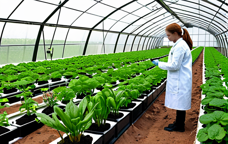 우주 식민지에서의 지구 환경과의 연계 - Martian Colony Agriculture**
"A bustling Martian greenhouse, filled with lush, green plants growing...
