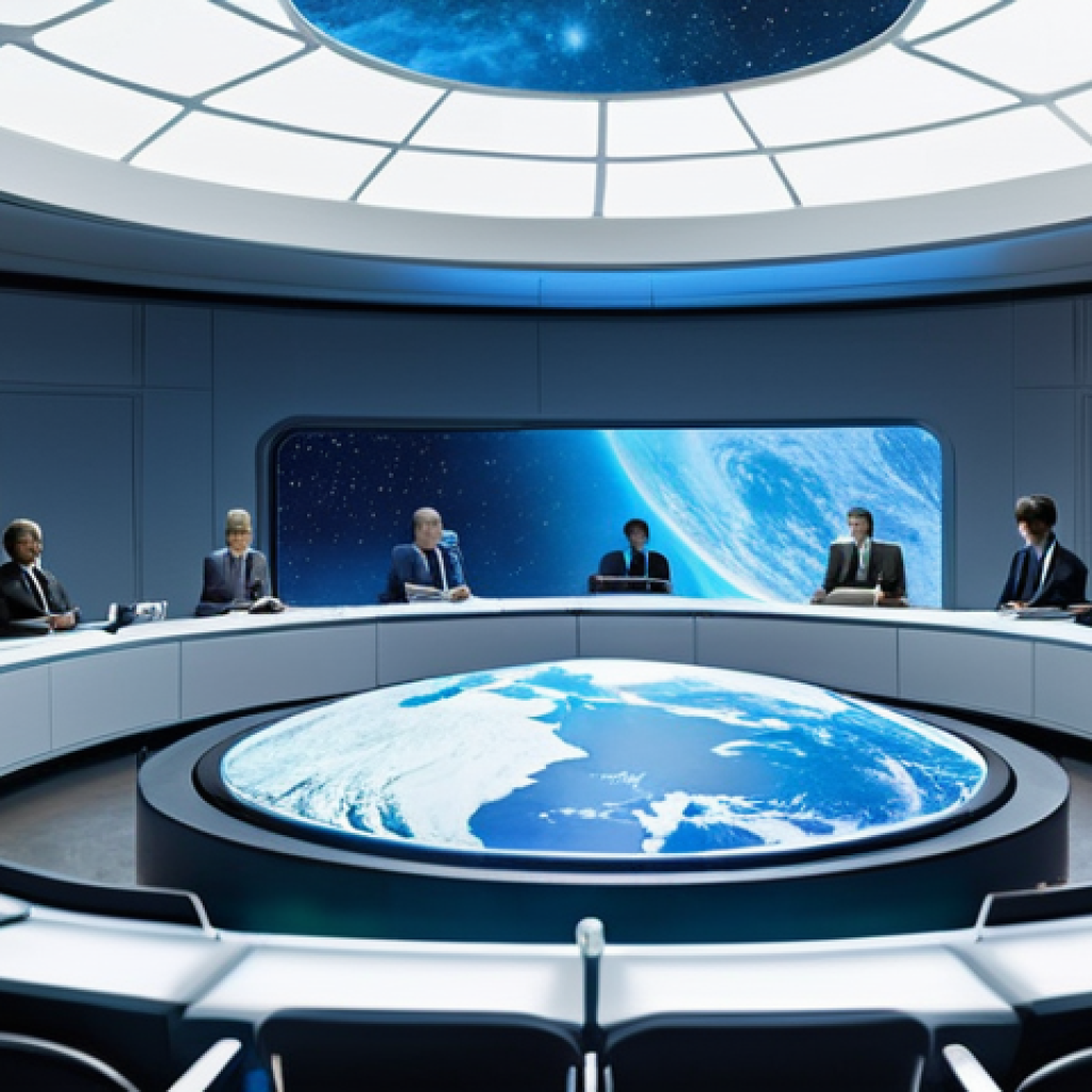 우주 식민지에서의 시민 참여와 윤리적 책임 - **Prompt:** A wide shot of a futuristic, circular council chamber located on a lunar outpost, bathed...