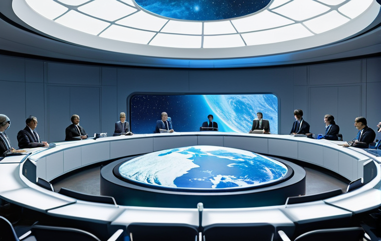 우주 식민지에서의 시민 참여와 윤리적 책임 - **Prompt:** A wide shot of a futuristic, circular council chamber located on a lunar outpost, bathed...