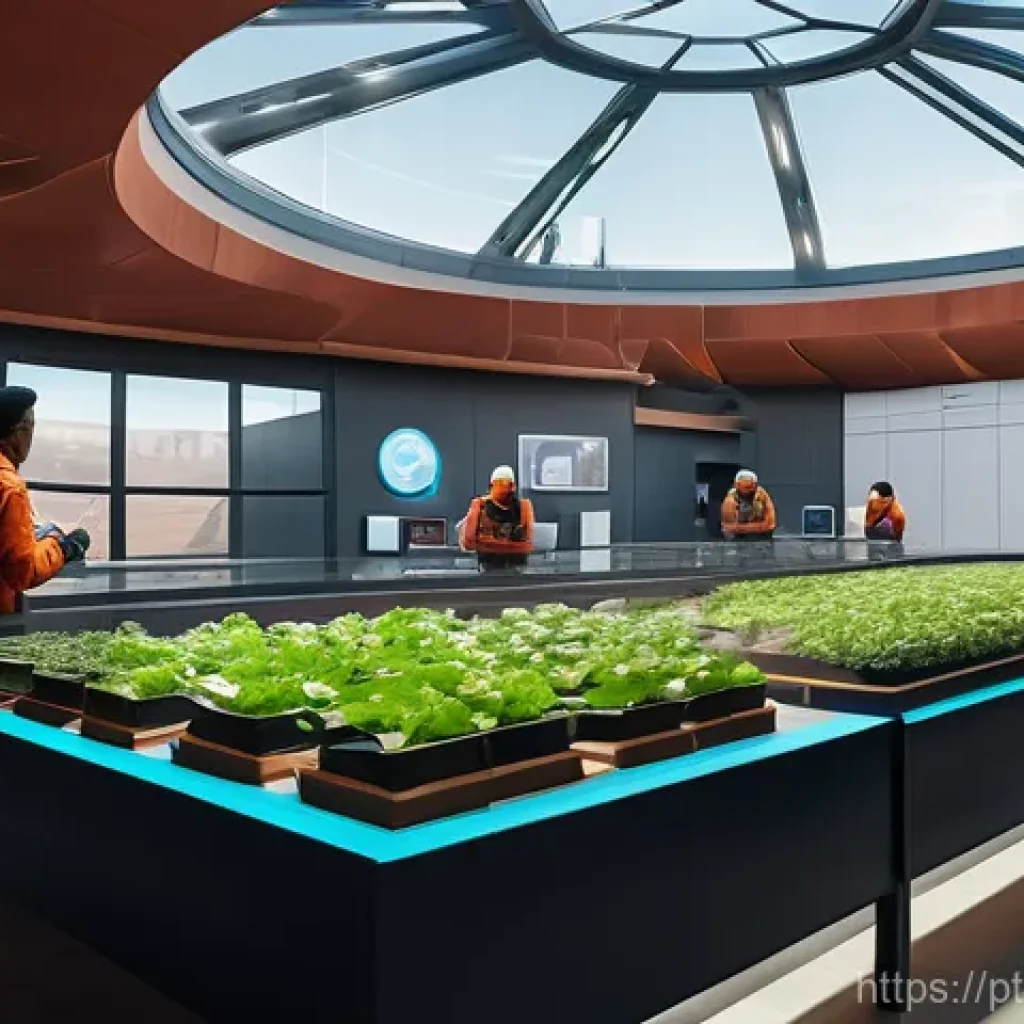 우주 식민지의 시민 참여와 윤리적 고려 - **Prompt:** A bustling, diverse community inside an early Martian settlement's main atrium. The atri...