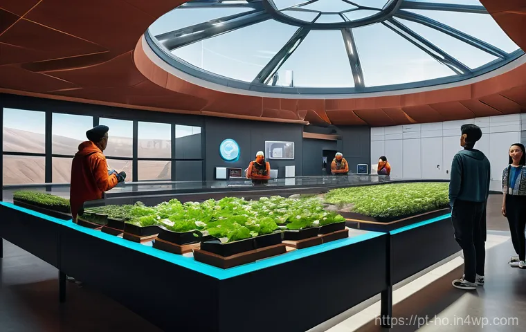 우주 식민지의 시민 참여와 윤리적 고려 - **Prompt:** A bustling, diverse community inside an early Martian settlement's main atrium. The atri...