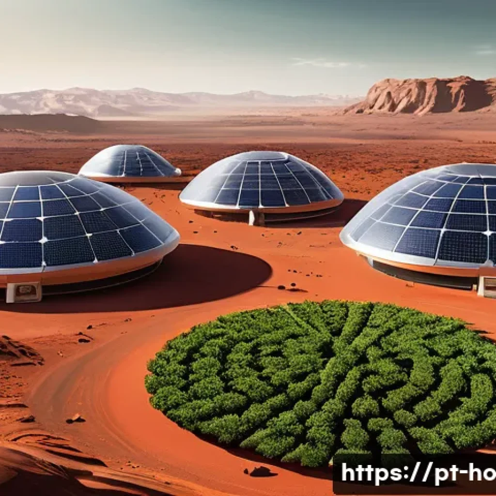 우주 식민지의 비즈니스 모델과 윤리적 기준 - A breathtaking panoramic view of humanity's first self-sustaining colony on Mars. Large, transparent...
