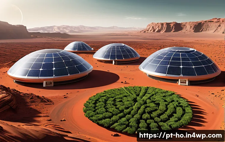 우주 식민지의 비즈니스 모델과 윤리적 기준 - A breathtaking panoramic view of humanity's first self-sustaining colony on Mars. Large, transparent...