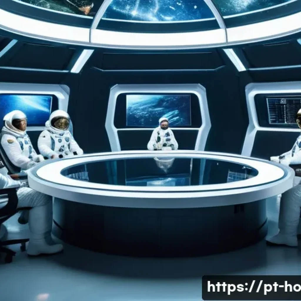 우주 식민지에서의 사회적 계약과 윤리적 측면 - A futuristic space colony interior showing a diverse group of astronauts wearing clean, functional s...