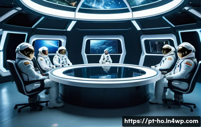 우주 식민지에서의 사회적 계약과 윤리적 측면 - A futuristic space colony interior showing a diverse group of astronauts wearing clean, functional s...