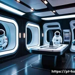 Home 21 우주 식민지에서의 커뮤니티 발전과 윤리 - A futuristic space colony interior showing a small group of diverse astronauts wearing practical yet...