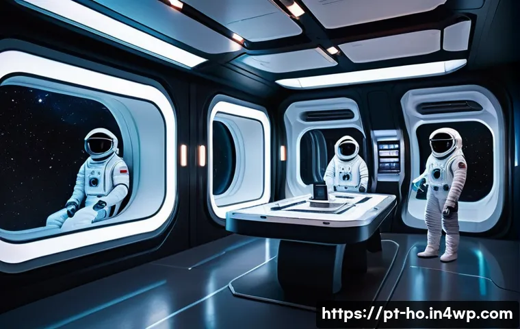 우주 식민지에서의 커뮤니티 발전과 윤리 - A futuristic space colony interior showing a small group of diverse astronauts wearing practical yet...
