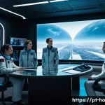 Home 20 우주 식민지에서의 리더십과 윤리적 선택 - A futuristic space colony command center interior, showing a diverse team of astronauts in high-tech...