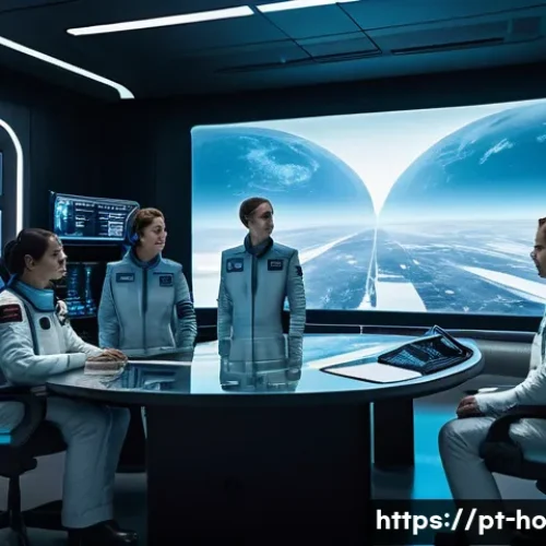 Home 32 우주 식민지에서의 리더십과 윤리적 선택 - A futuristic space colony command center interior, showing a diverse team of astronauts in high-tech...