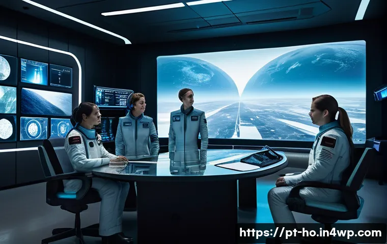 우주 식민지에서의 리더십과 윤리적 선택 - A futuristic space colony command center interior, showing a diverse team of astronauts in high-tech...