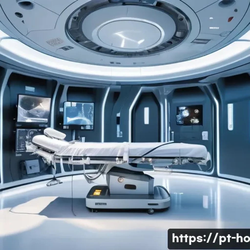 우주 식민지에서의 의료 접근성과 윤리적 문제 - A futuristic space medical bay inside an orbiting space station, featuring a team of astronauts and ...