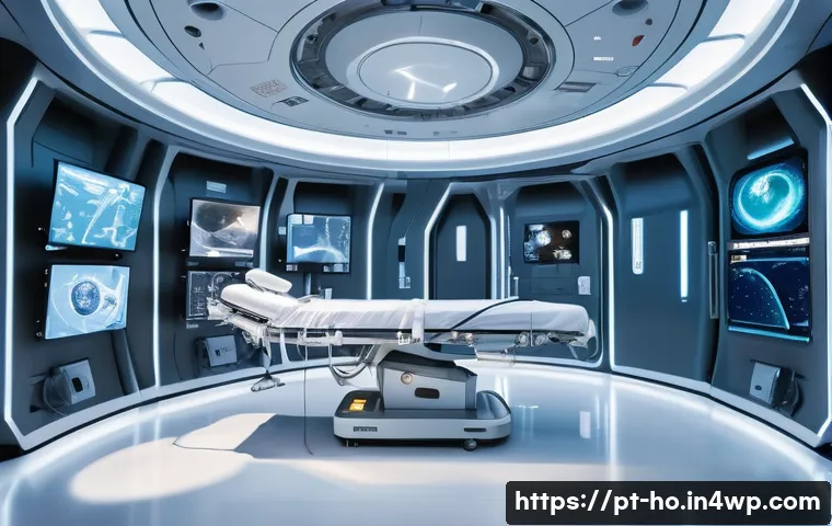 우주 식민지에서의 의료 접근성과 윤리적 문제 - A futuristic space medical bay inside an orbiting space station, featuring a team of astronauts and ...