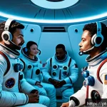 Home 18 우주 식민지에서의 심리적 지지와 윤리적 고려 - A detailed scene inside a futuristic space station cabin showing a diverse crew of astronauts engagi...