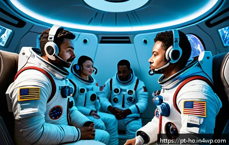 우주 식민지에서의 심리적 지지와 윤리적 고려 - A detailed scene inside a futuristic space station cabin showing a diverse crew of astronauts engagi...