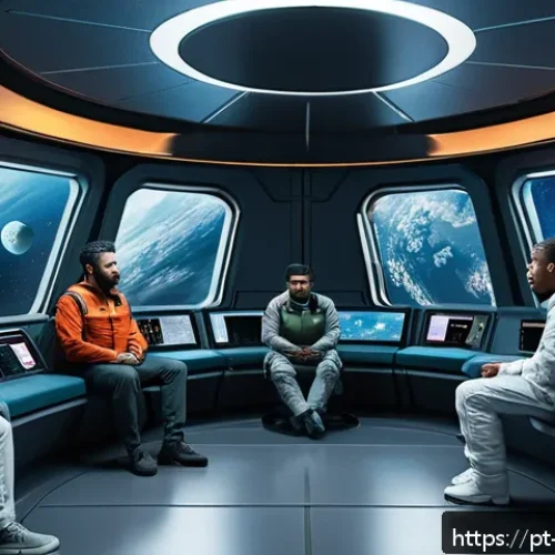 Home 17 우주 식민지에서의 소외와 윤리적 대응 - A futuristic space colony interior with a diverse group of adult colonizers wearing casual, modest c...
