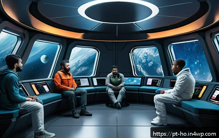 우주 식민지에서의 소외와 윤리적 대응 - A futuristic space colony interior with a diverse group of adult colonizers wearing casual, modest c...