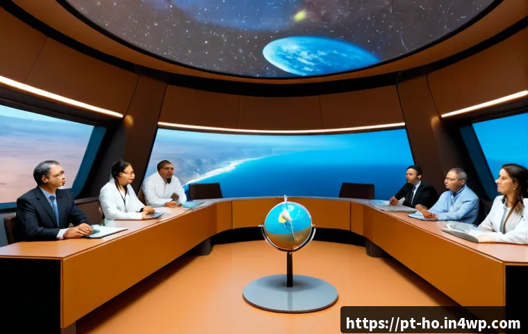 Home 17 우주 식민지의 법적 프레임워크와 윤리적 쟁점 - Photorealistic interior of a Mars colony governance chamber, a diverse team of scientists, legal adv...