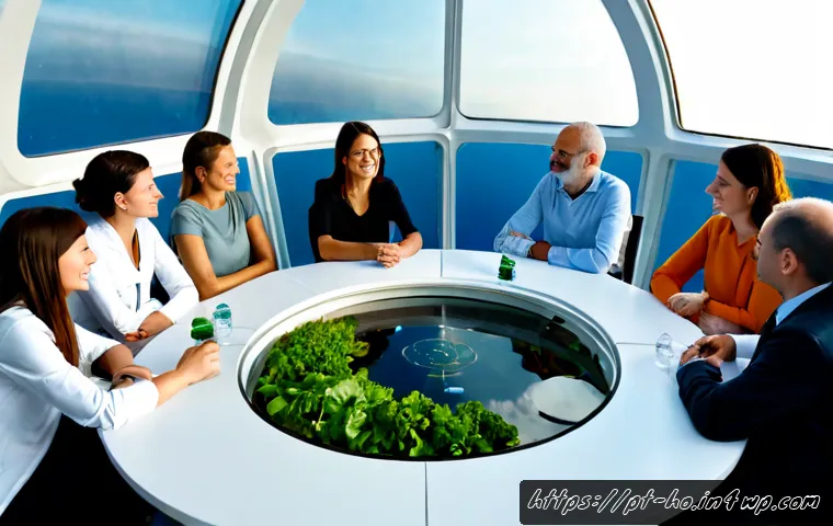 Home 17 우주 식민지의 지속 가능성 확보를 위한 윤리적 전략 - Photorealistic sustainable space colony governance meeting, diverse adult scientists and community r...
