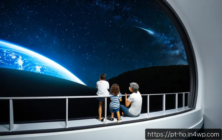 Home 17 우주 이주가 인류의 미래에 미치는 윤리적 영향 - Photorealistic scene of a diverse Brazilian family in a modern observatory overlooking Earth from a ...