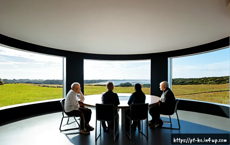 우주 식민지에서의 집단 심리와 윤리 - Photorealistic interior of a rotating space-colony community hall, a diverse group of adult resident...